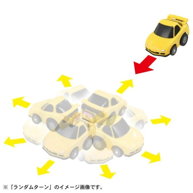  Yellow toy car drifting with arrows showing movement.