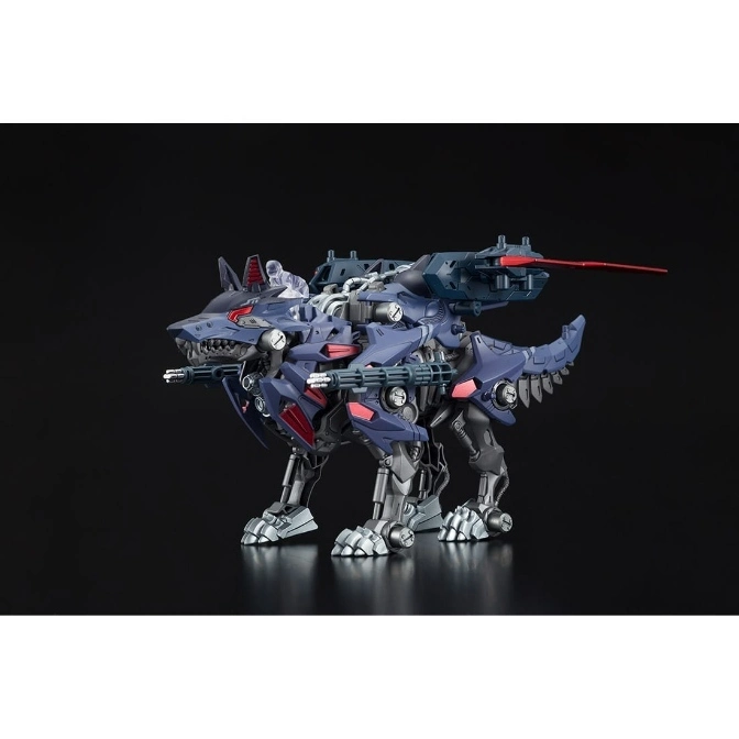 Wolf-type Zoid model kit with weapons, standing on a black surface.