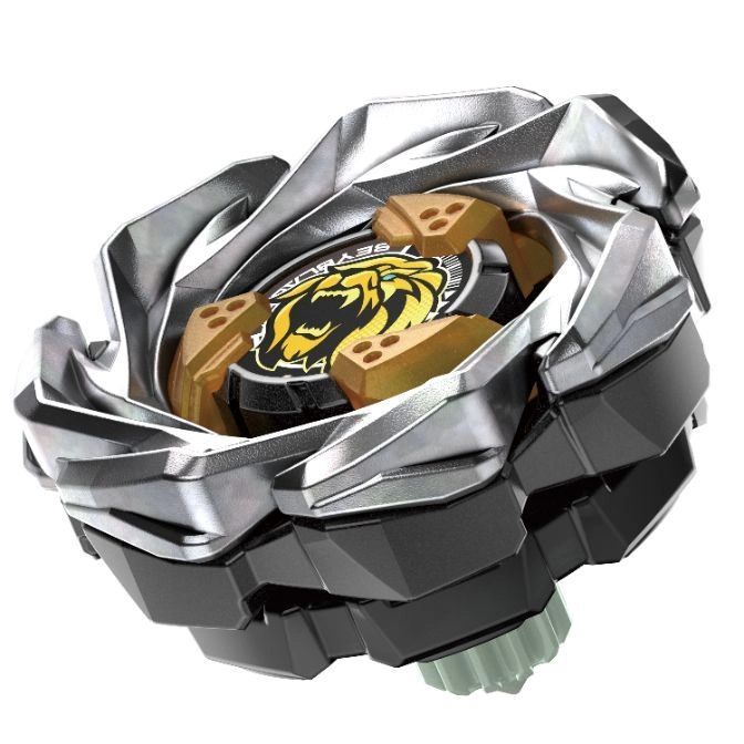 Silver and black Beyblade with a gold lion emblem.