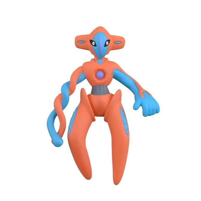 Orange and blue Deoxys toy figure with a twisted arm.