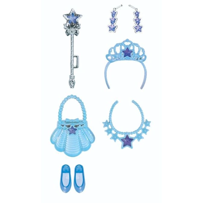  Blue toy princess dress-up set with wand, tiara, necklace, earrings, purse, and shoes.