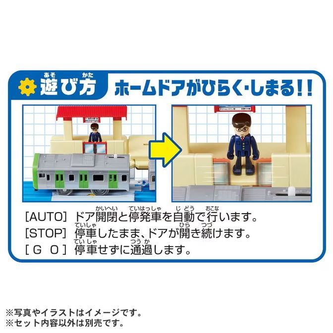  The image shows a toy train set with a train and a station. The text on the image describes the different modes of operation for the train set, including automatic door opening and closing, stopping at the station with the doors open, and passing through the station without stopping.