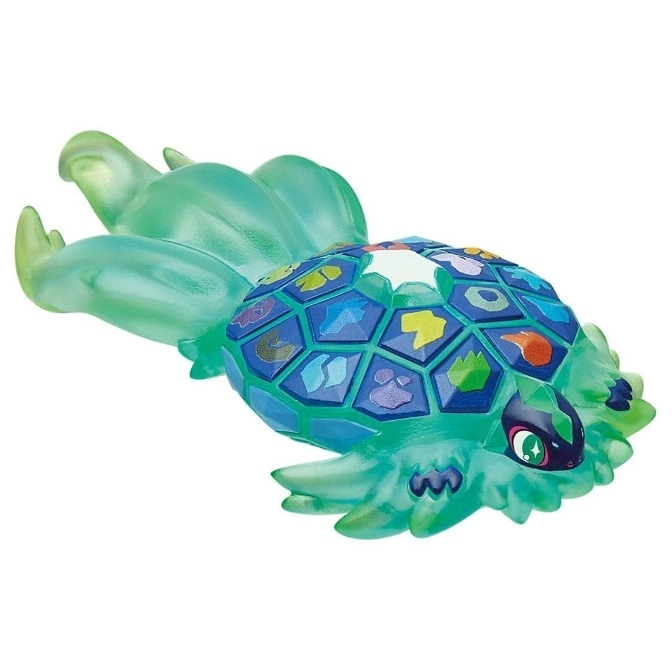  Translucent green toy turtle with a blue shell featuring colorful geometric shapes and animal icons.