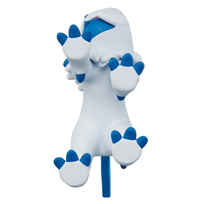  White and blue Absol toy figure with arms raised.