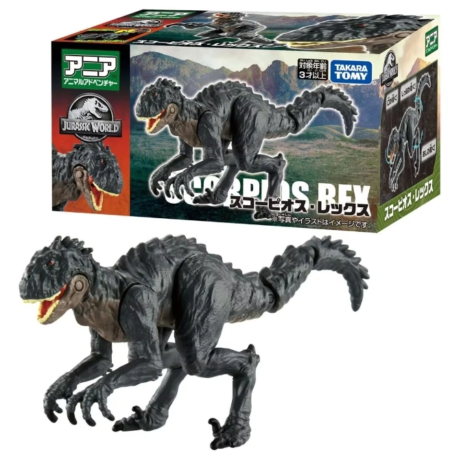  Scorpios Rex toy with articulated limbs, displayed with its packaging featuring Jurassic World branding.