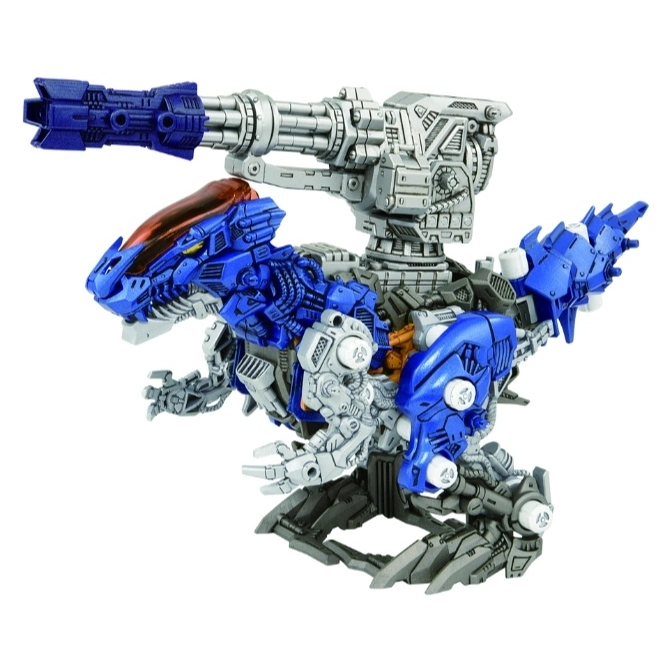  Blue and grey Zoids toy with a large cannon on its back, resembling a mechanical dinosaur.