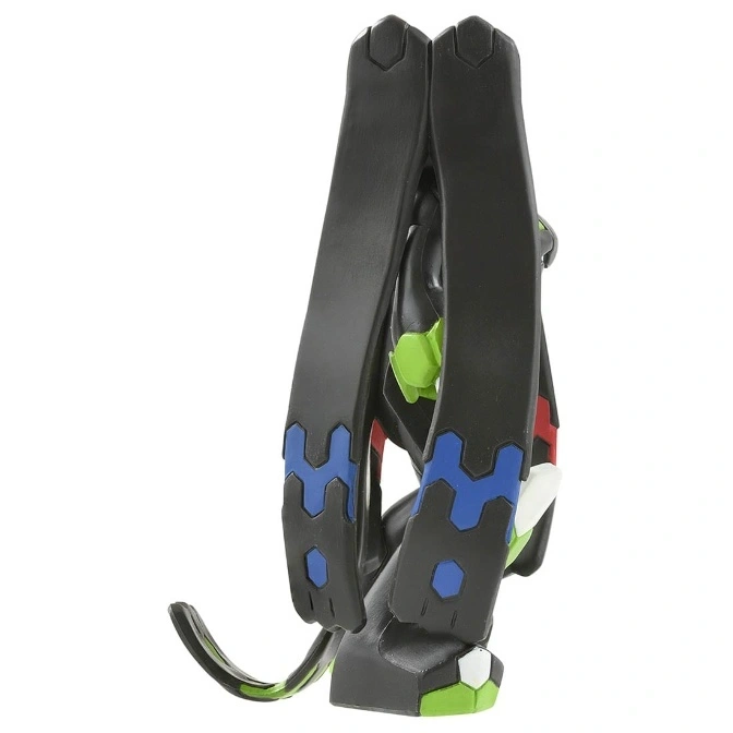  Black, blue, green, red, and white robot toy with a curved tail.