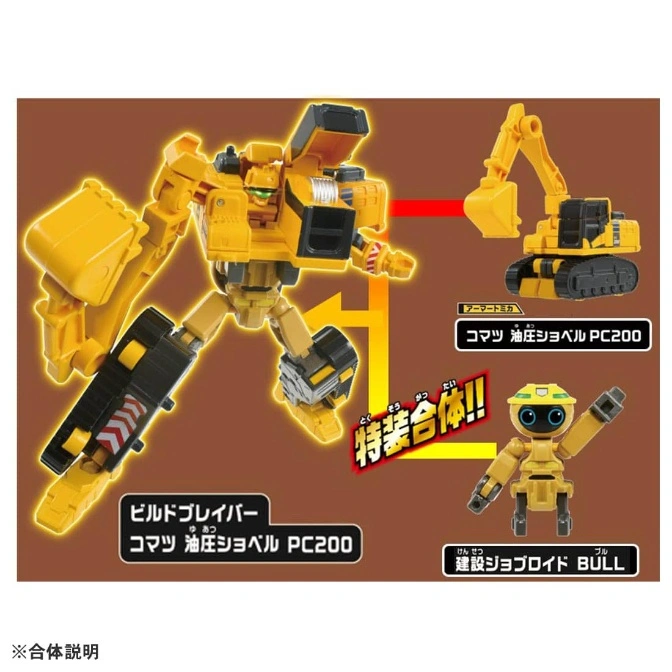  Komatsu PC200 transforming toy: excavator, robot mode, and construction droid. Yellow and black color scheme.