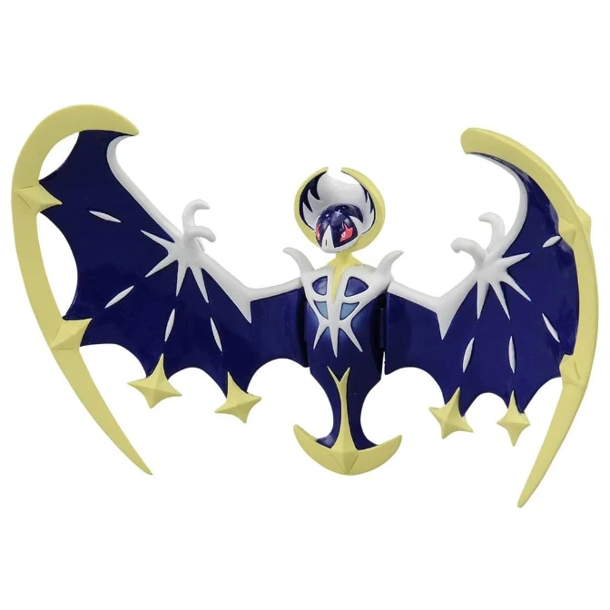 Lunala Pokemon toy with crescent moon wings, dark blue and yellow.