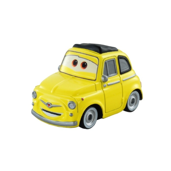 Yellow Guido toy car from Disney's Cars with a black roof and cartoon eyes.