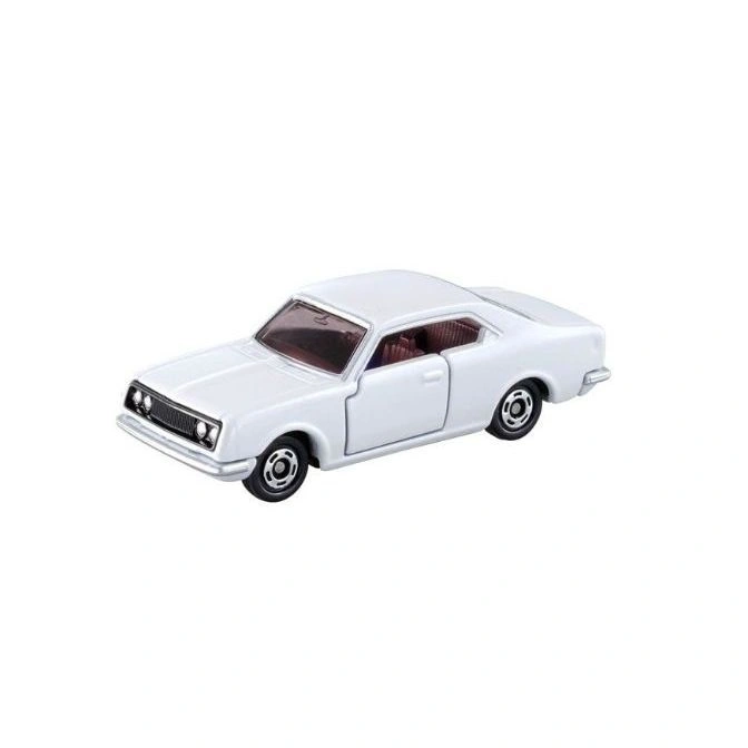 White toy coupe car with black tires and visible interior.
