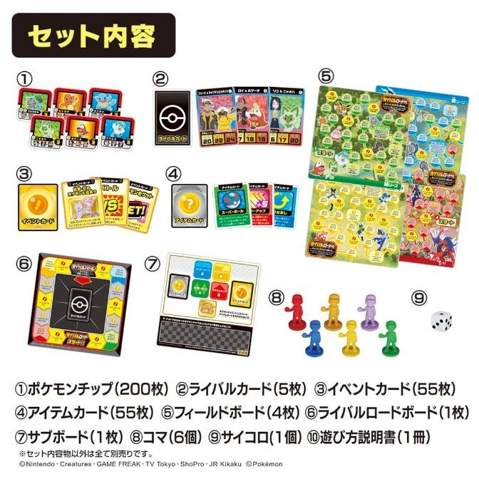  Pokémon board game set: chips, cards, boards, pawns, and dice for strategic play.