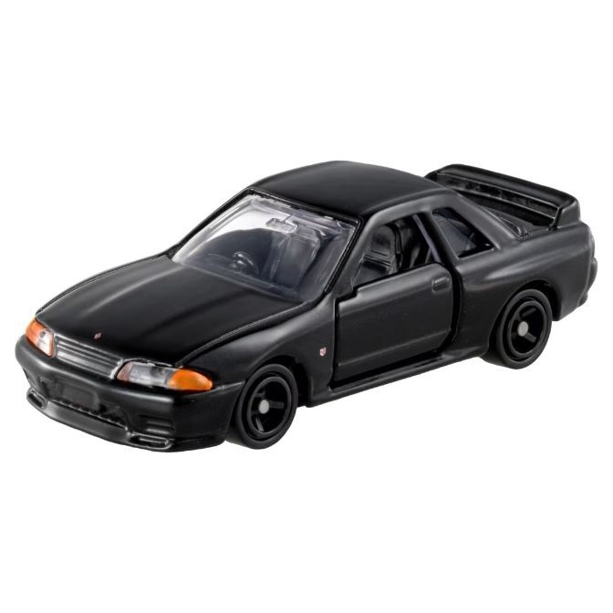 Black toy Nissan Skyline R32 with spoiler and detailed interior.