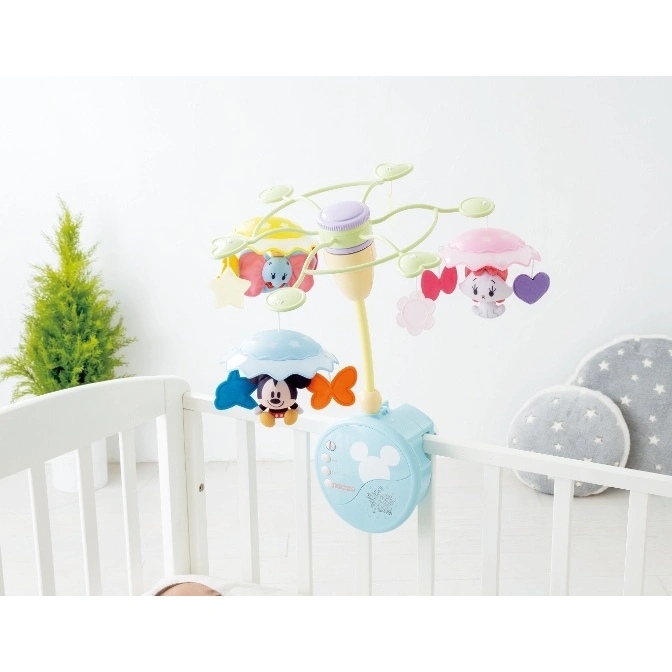  Disney baby crib mobile with Mickey Mouse, Dumbo, and Marie characters hanging from colorful umbrellas.