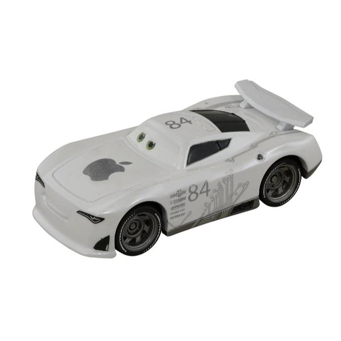 White toy race car with Apple logo and number 84, resembling a character from the movie Cars.