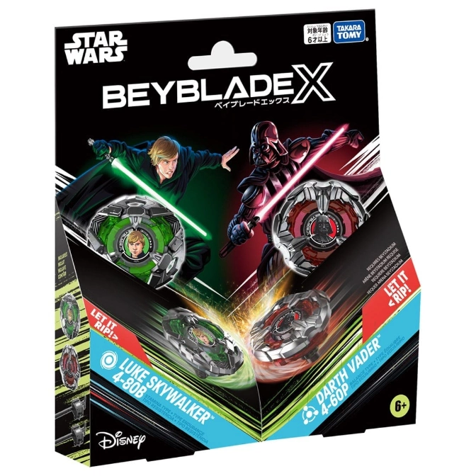  Star Wars Beyblade X set: Luke Skywalker stamina type & Darth Vader balance type. Ages 6+.