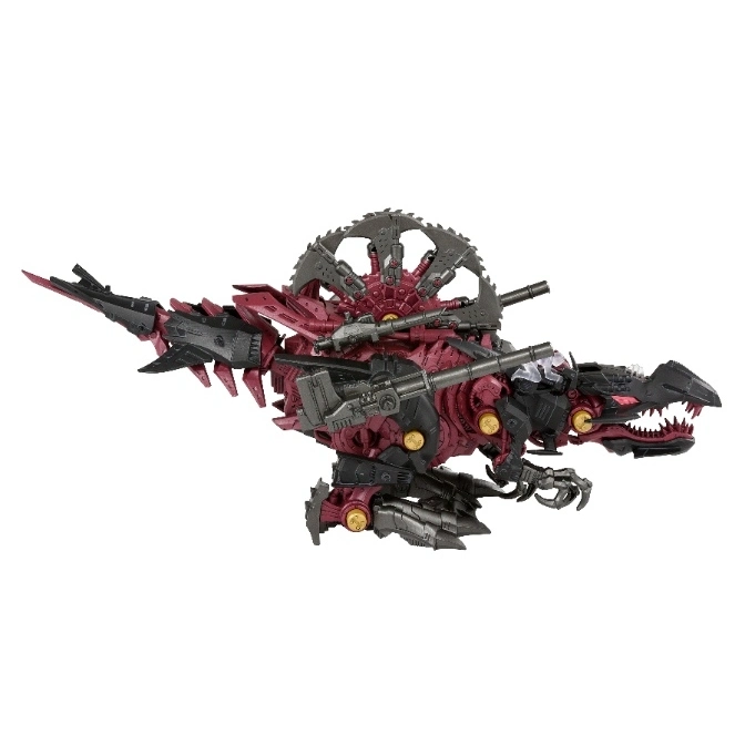  Maroon and black dinosaur robot toy with saw blade back and guns.