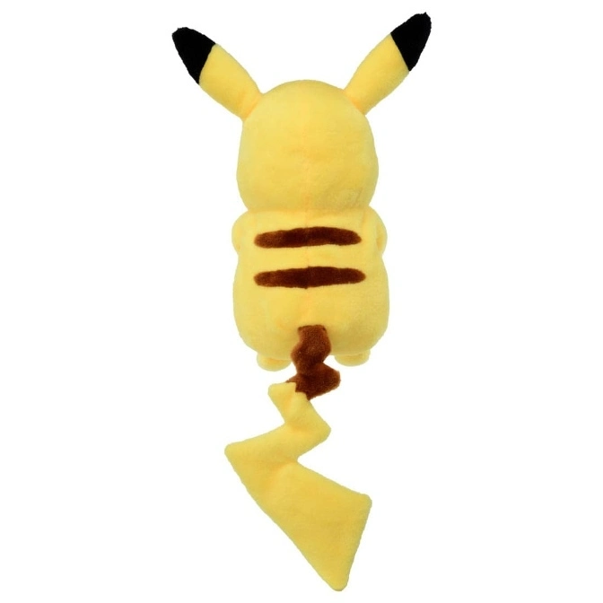  Pikachu plush toy from behind, showing yellow body, brown stripes, lightning bolt tail, and black-tipped ears.