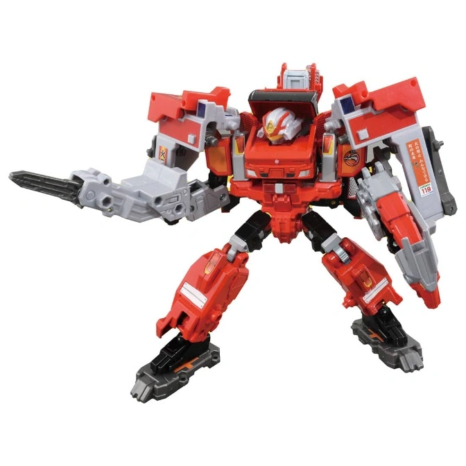 Red and grey transforming robot toy with a sword arm, posed in a wide stance.