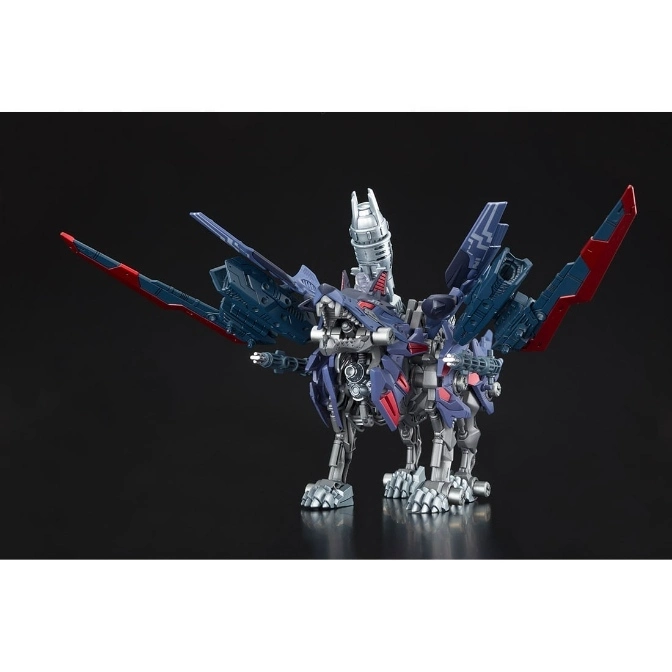  Dark blue robotic dragon toy with red accents and silver legs and neck.