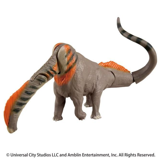  Gray Amargasaurus toy with orange and black stripes on its neck, trunk, and tail.