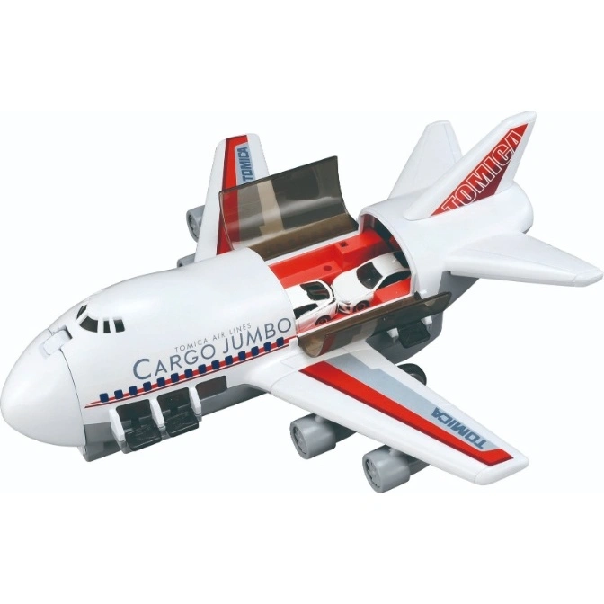 Tomica Cargo Jumbo jet toy with cars inside. The rear cargo door is open.