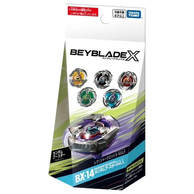  Beyblade X BX-14 Random Booster Vol.1 Shark Edge 3-60LF packaging with a Beyblade toy.