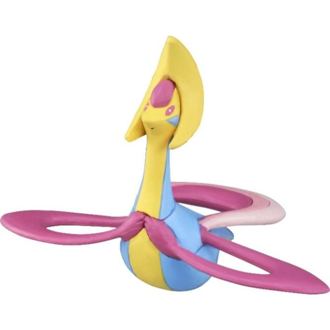 Yellow and blue Pokemon toy with pink fins and a crescent-shaped headpiece.