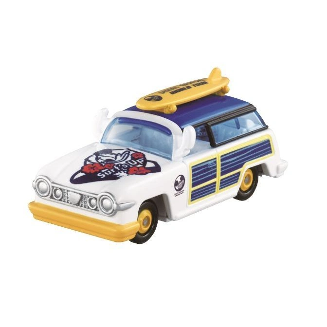 Toy car with surfboard on top, white body, blue roof, and "Surf's Up" logo on the hood.