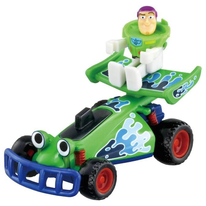  Buzz Lightyear toy car with a green body, blue accents, and Buzz Lightyear figure on top.