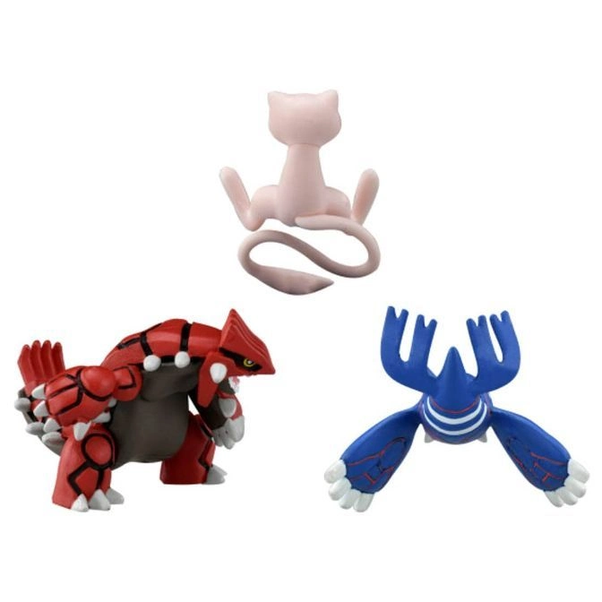  Three Pokémon figures: Mew, Groudon, and Kyogre, posed against a white background.
