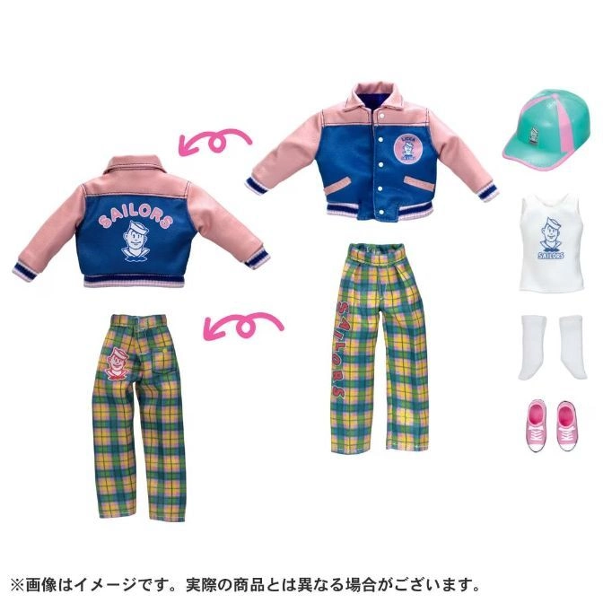  Doll clothes set: jacket, pants, top, socks, shoes, hat. Pink and blue varsity style with "Sailors" logo.