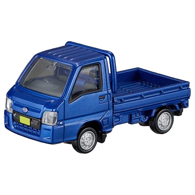 Blue toy Subaru Sambar truck with a flatbed. Diecast model.