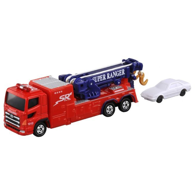 Toy tow truck with a white car. The truck is red with a blue crane arm labeled "Super Ranger".