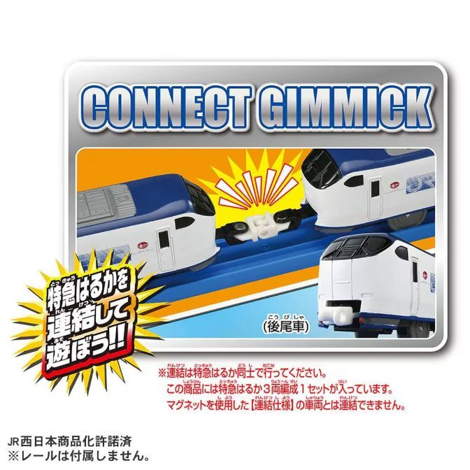  A product image for a toy train set called "Connect Gimmick". The image shows three blue and white toy trains connected together on a blue track. The text on the image is in Japanese.