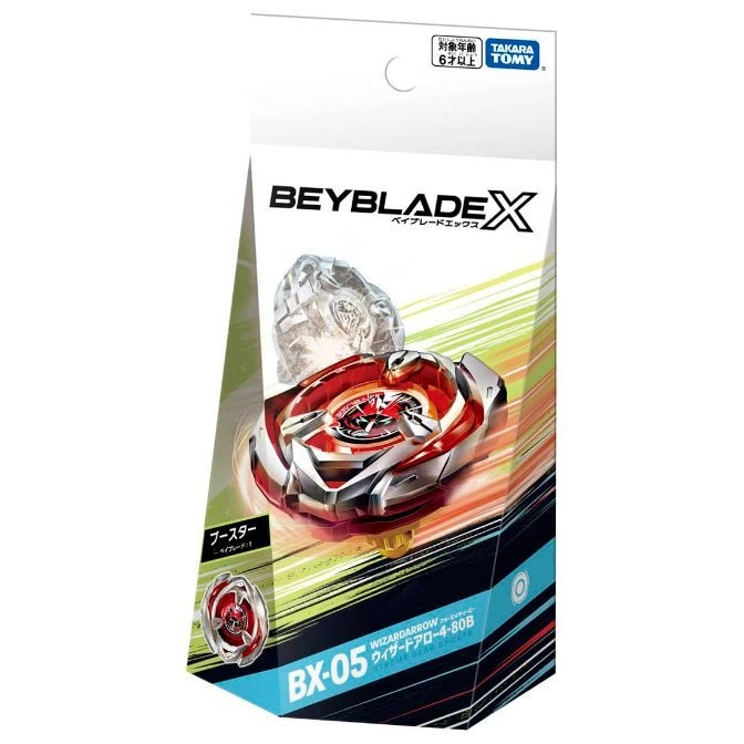  Beyblade X BX-05 Wizard Arrow 4-80B booster pack with a red and silver spinning top toy.