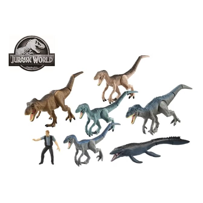 Jurassic World toy set with dinosaurs and a human figure, including a T-Rex, raptors, and a Mosasaurus.