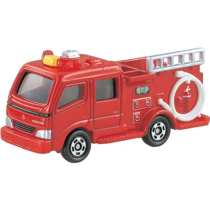 Red toy fire truck with ladder, hose, and emergency lights.