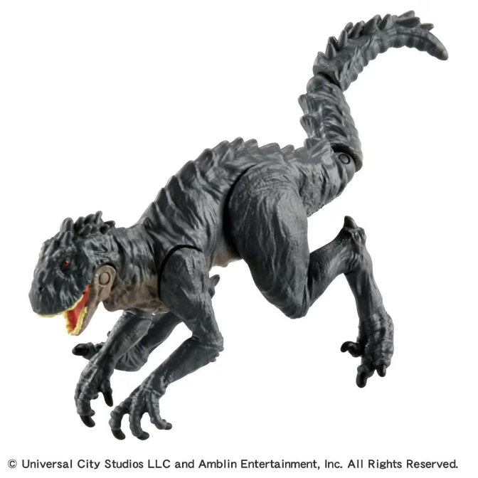  Indoraptor toy figure with textured gray skin and red eyes in a dynamic pose.