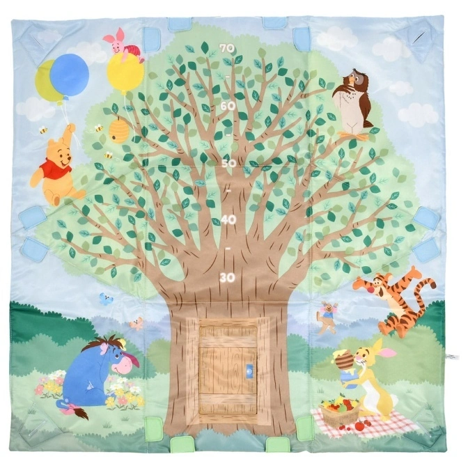  Winnie the Pooh growth chart playmat featuring Pooh, Piglet, Tigger, Eeyore, Rabbit, and Owl around a tree with height markings.