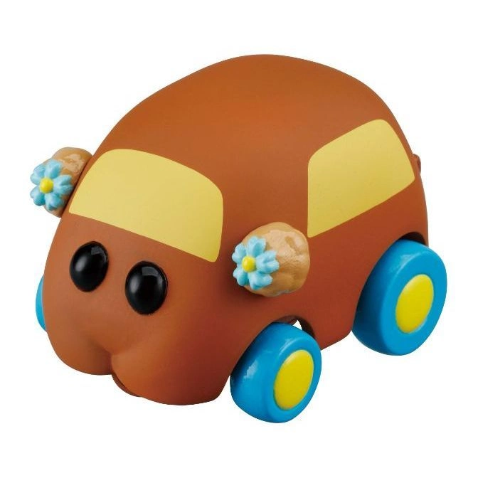 Brown toy car with blue wheels and flower decorations.