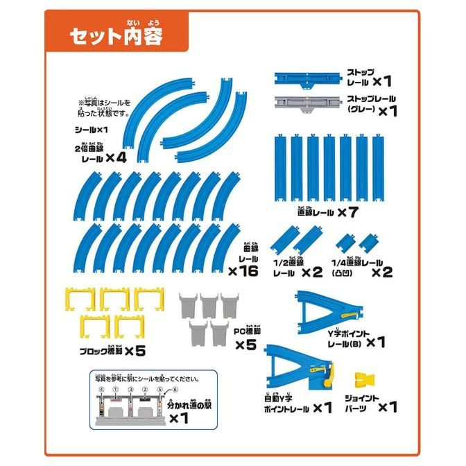  This image shows the contents of a toy train set. The set includes curved and straight tracks, a station, and other accessories. The image is a product shot, and the text is in Japanese.