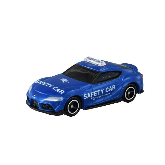 Blue toy car with "SAFETY CAR" markings and a light bar on top.