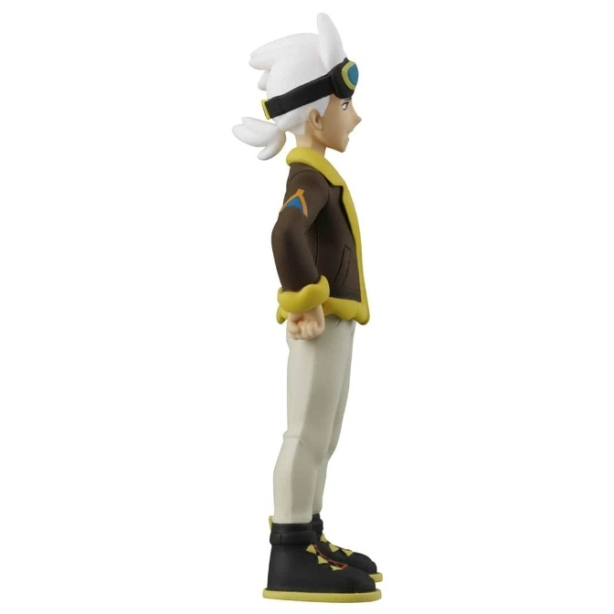  Pokémon Colress figure in brown jacket, goggles, and black boots, standing in profile.
