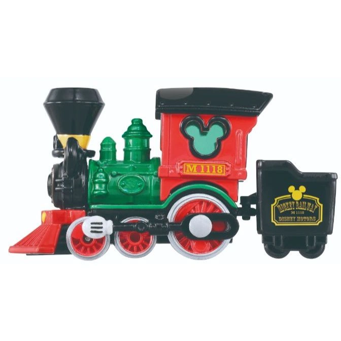  Mickey Mouse toy train with red, green, and black colors. Features a coal car with a Mickey Mouse logo.