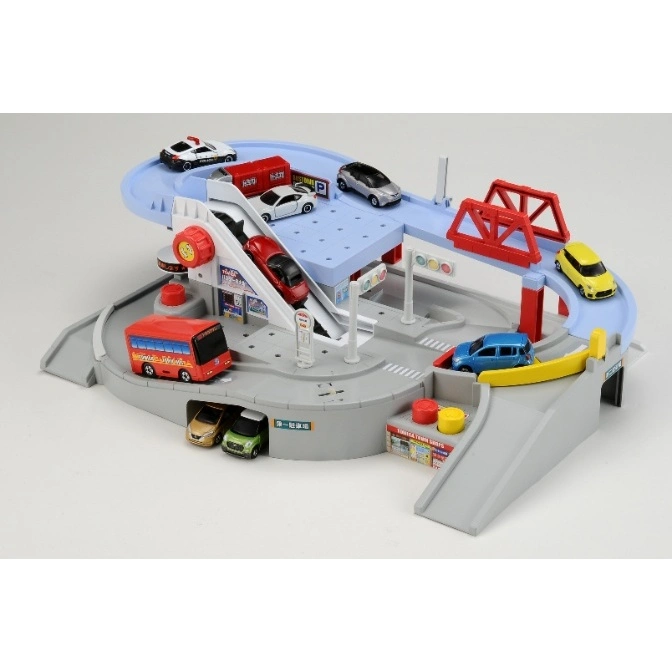  Tomica toy car parking garage with toy cars, bus, and accessories.