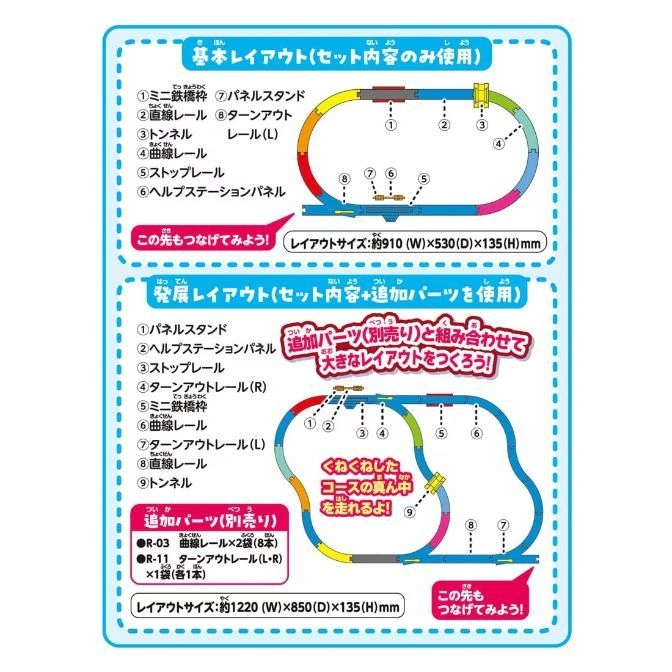  Toy train track layouts: basic with included parts, advanced with add-ons. Includes tunnels, curves, and switches.