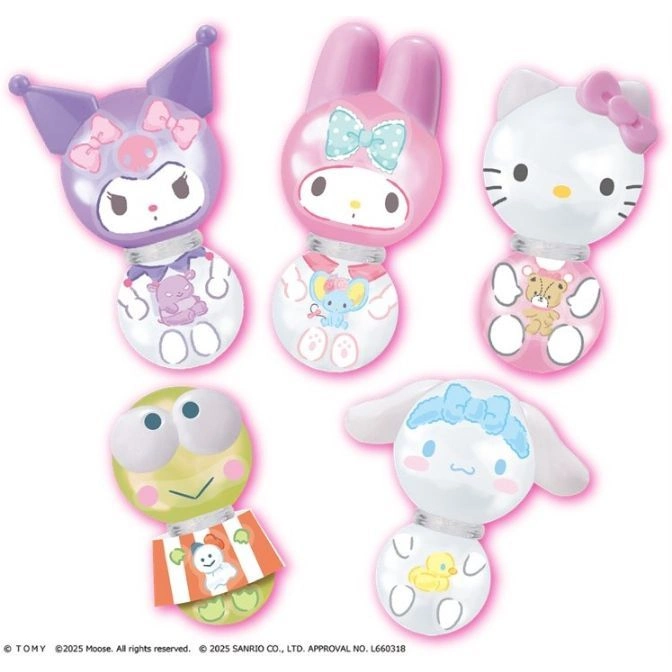  Sanrio character bubble blower toys: Hello Kitty, My Melody, Kuromi, Keroppi, and Cinnamoroll.