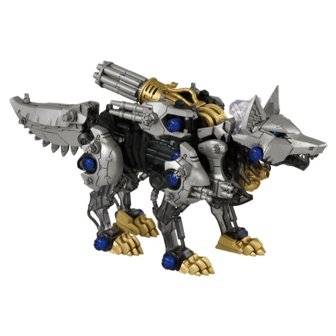  Silver wolf Zoid toy with gold accents and a large gun on its back.
