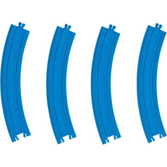 Four blue curved toy train tracks are arranged in a row against a white background.
